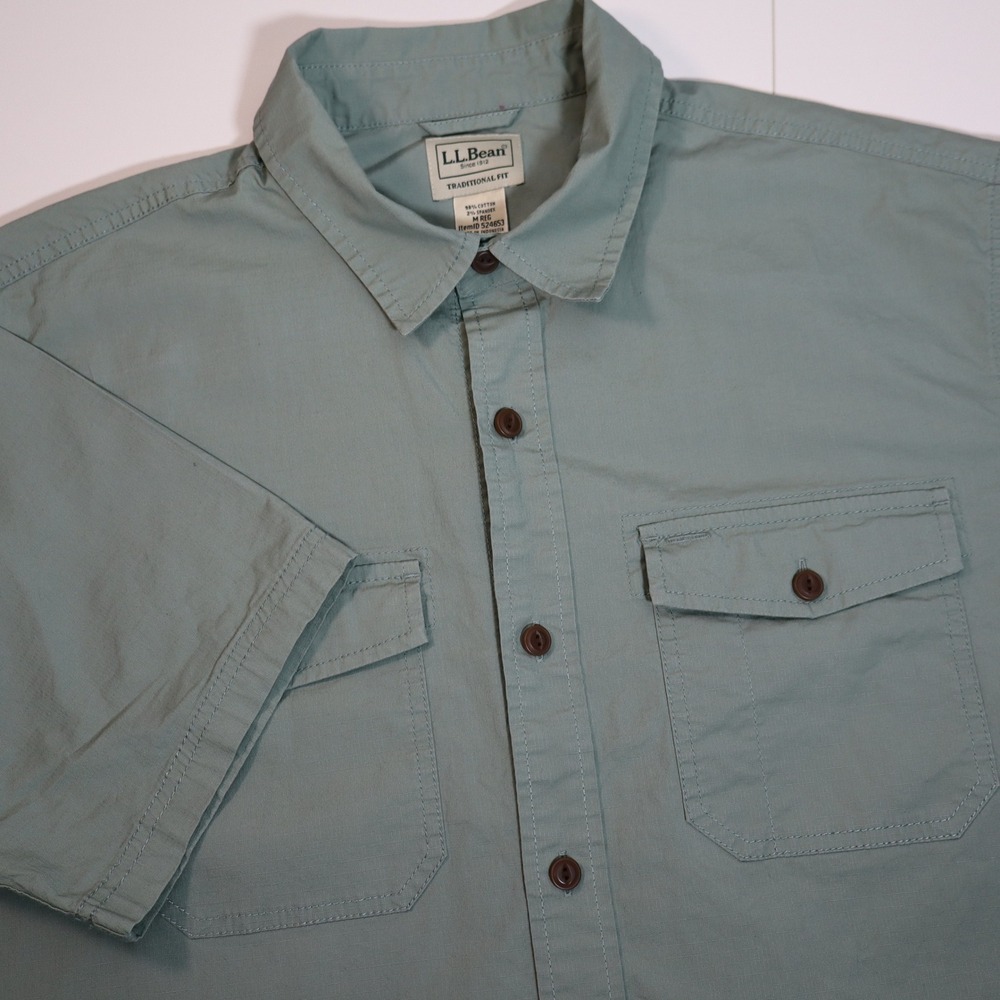 LL Bean Button Down Shirt Mens Medium Green Ripstop Short Sleeve 524653